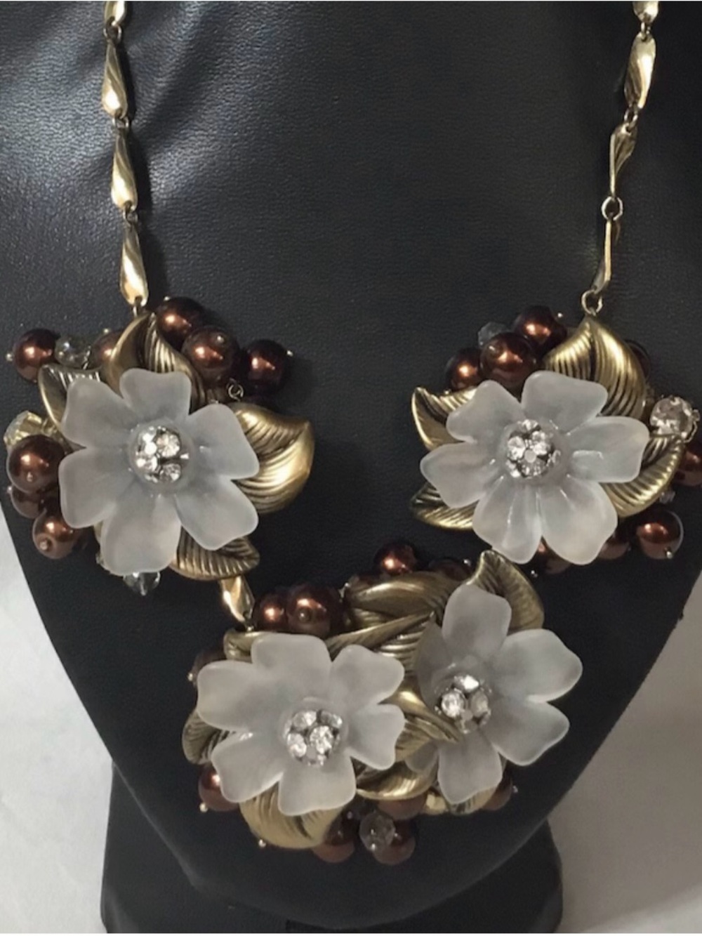 Coldwater Creek Vintage Lucite White Flowers and Brown Pearls Necklace.